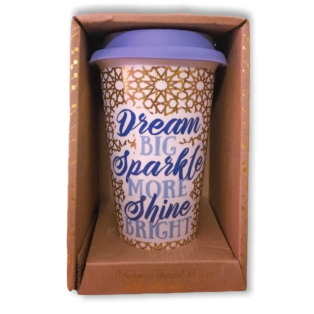 Free w/‎ Purchase Dream Big Ceramic Travel Mug Coffee Cup Silicone Lid NWT
